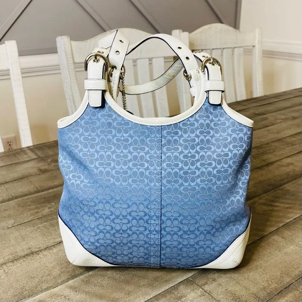 Coach Blue Canvas White Leather Trim Double Handles Shoulder Bag - Picture 4 of 10